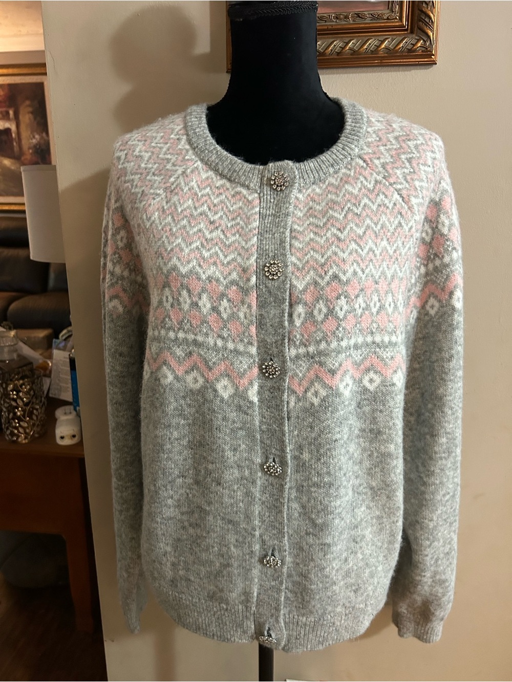 Crown & Ivy Gray and Pink Fair Isle Button Cardigan